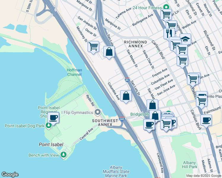 map of restaurants, bars, coffee shops, grocery stores, and more near 2419a Columbia Avenue in Richmond