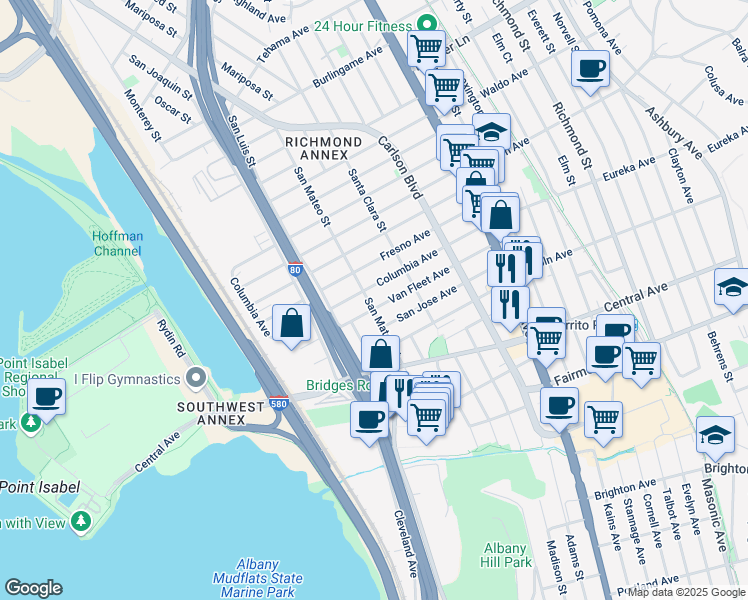 map of restaurants, bars, coffee shops, grocery stores, and more near 2718 San Mateo Street in Richmond