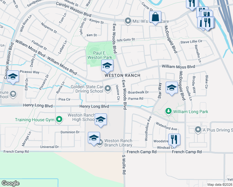 map of restaurants, bars, coffee shops, grocery stores, and more near 4303 Bellettini Court in Stockton