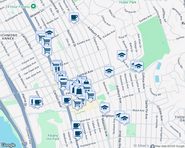map of restaurants, bars, coffee shops, grocery stores, and more near 441 Everett Street in El Cerrito
