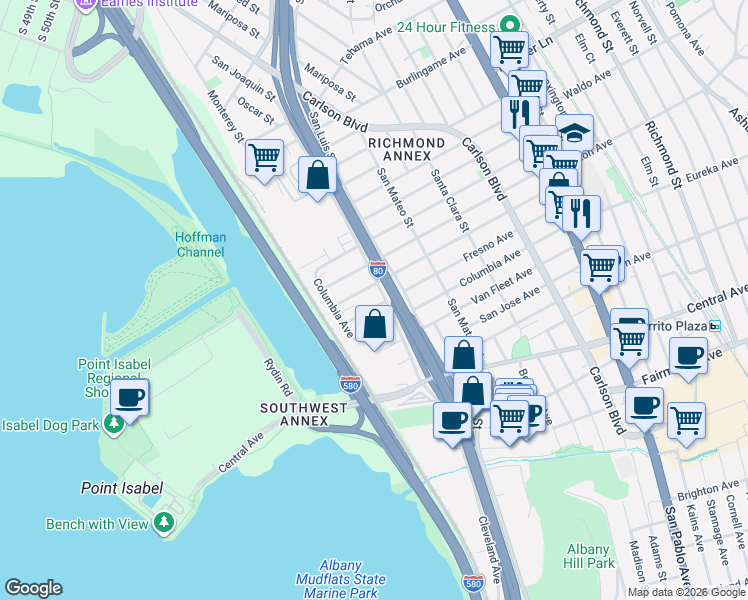 map of restaurants, bars, coffee shops, grocery stores, and more near 2525 San Joaquin Street in Richmond