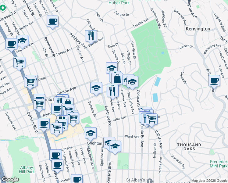 map of restaurants, bars, coffee shops, grocery stores, and more near 333 Ramona Avenue in El Cerrito