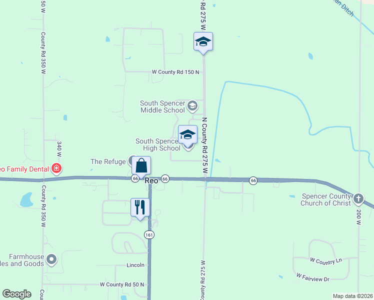 map of restaurants, bars, coffee shops, grocery stores, and more near 1142 North County Road 275 West in Rockport