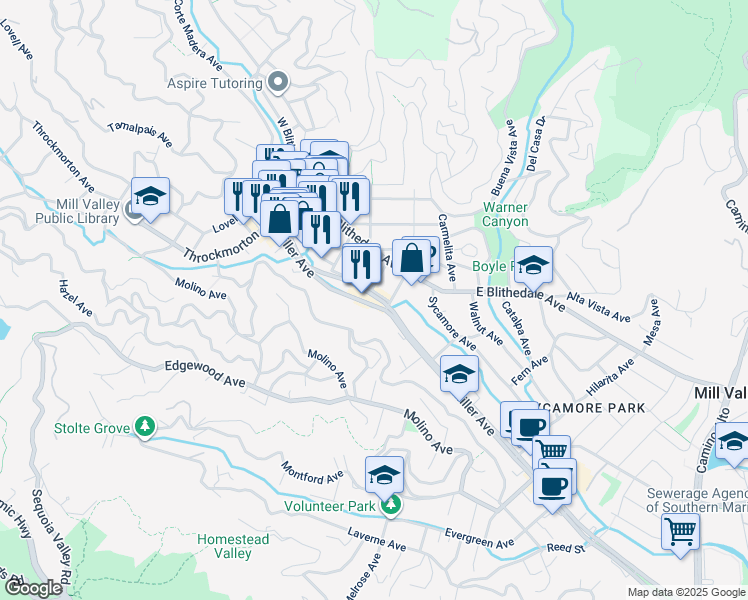 map of restaurants, bars, coffee shops, grocery stores, and more near 129 Miller Avenue in Mill Valley