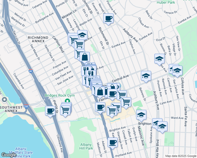 map of restaurants, bars, coffee shops, grocery stores, and more near 524 Kearney Street in El Cerrito