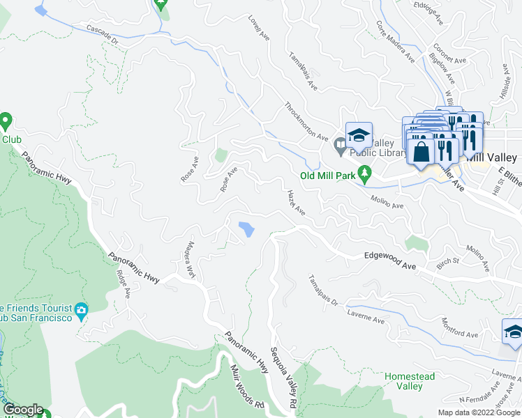 map of restaurants, bars, coffee shops, grocery stores, and more near 388 Edgewood Avenue in Mill Valley