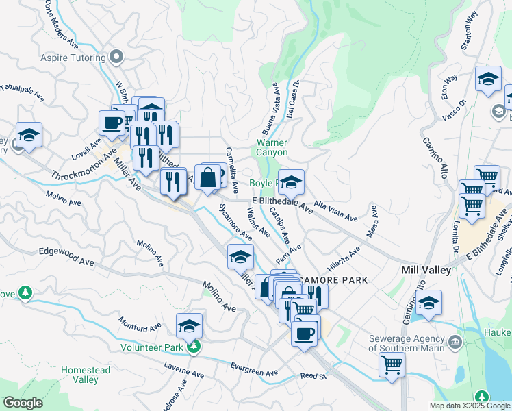 map of restaurants, bars, coffee shops, grocery stores, and more near 300 East Blithedale Avenue in Mill Valley