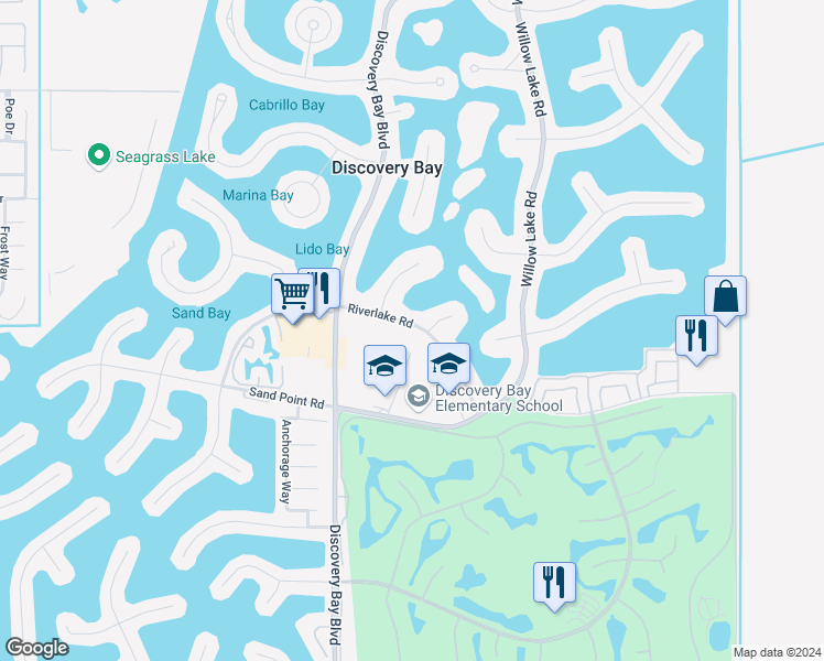 map of restaurants, bars, coffee shops, grocery stores, and more near 5328 Riverlake Road in Discovery Bay