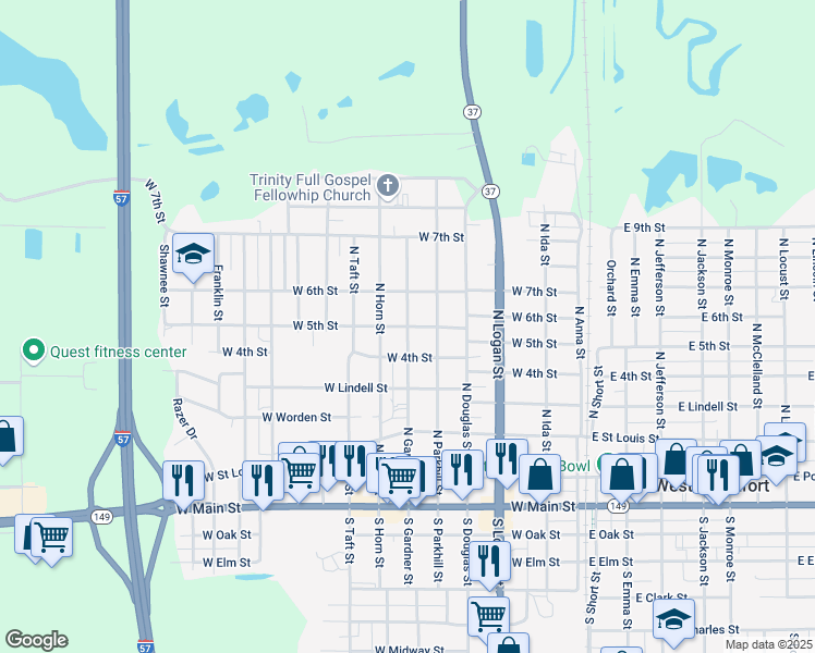 map of restaurants, bars, coffee shops, grocery stores, and more near 598 W 5th St in West Frankfort