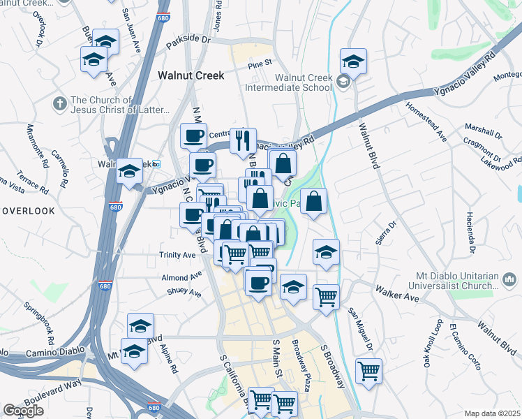 map of restaurants, bars, coffee shops, grocery stores, and more near 1760 North Broadway in Walnut Creek