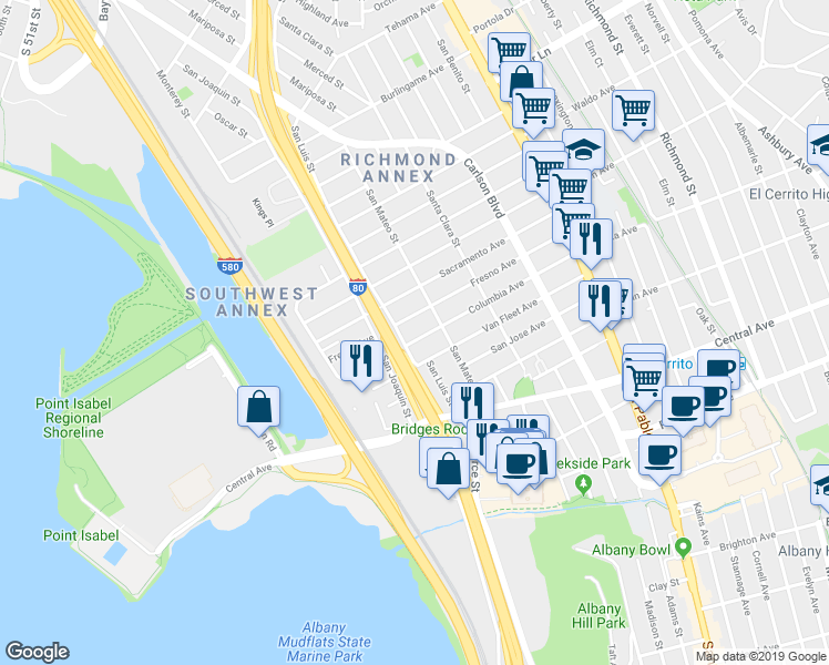 map of restaurants, bars, coffee shops, grocery stores, and more near 5445 Columbia Avenue in Richmond