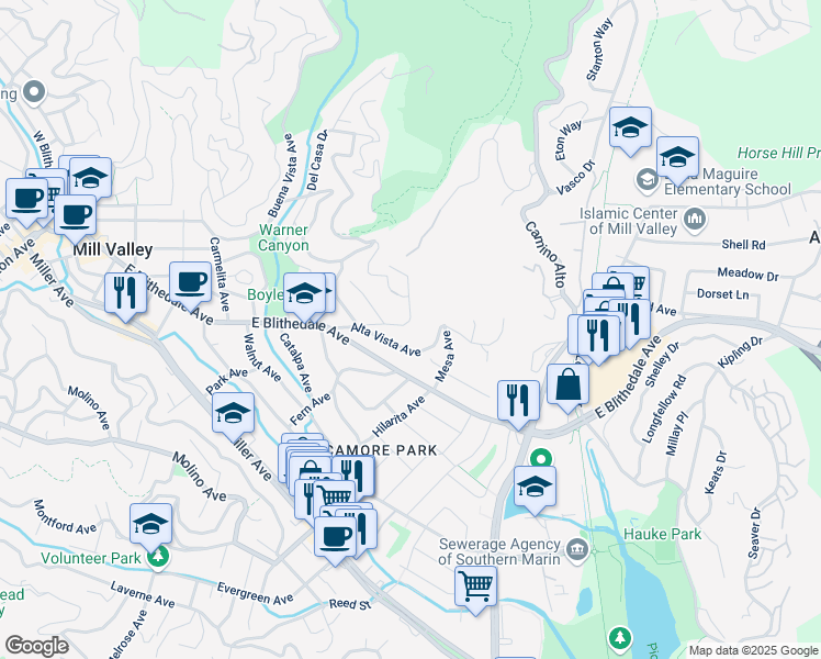map of restaurants, bars, coffee shops, grocery stores, and more near 16 Avon Avenue in Mill Valley