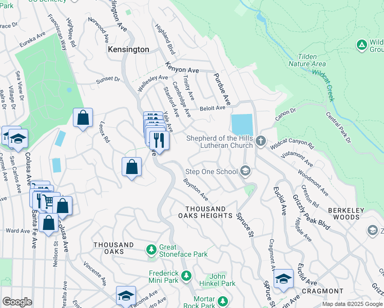 map of restaurants, bars, coffee shops, grocery stores, and more near 380 Vermont Avenue in Berkeley