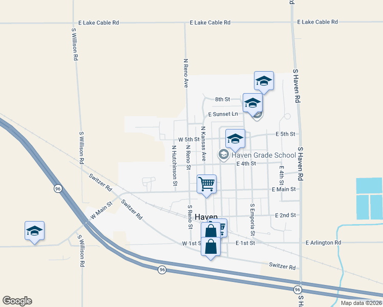map of restaurants, bars, coffee shops, grocery stores, and more near 212 North Reno Street in Haven