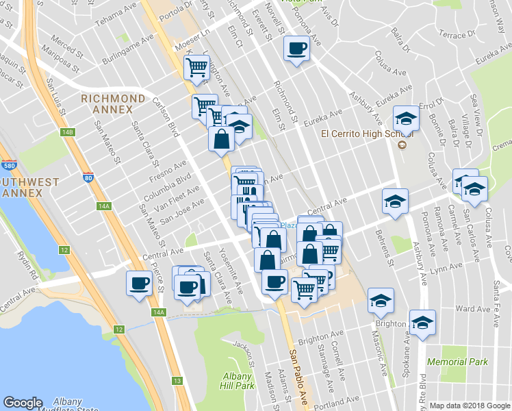 map of restaurants, bars, coffee shops, grocery stores, and more near 535 Kearney Street in El Cerrito