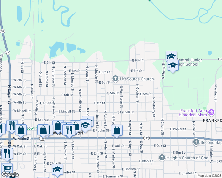 map of restaurants, bars, coffee shops, grocery stores, and more near 603 North Madison Street in West Frankfort