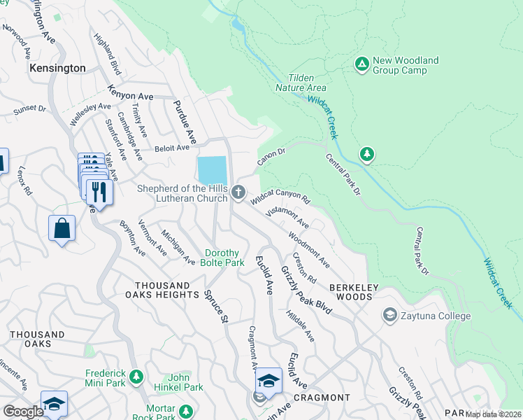 map of restaurants, bars, coffee shops, grocery stores, and more near 525 Woodmont Avenue in Berkeley