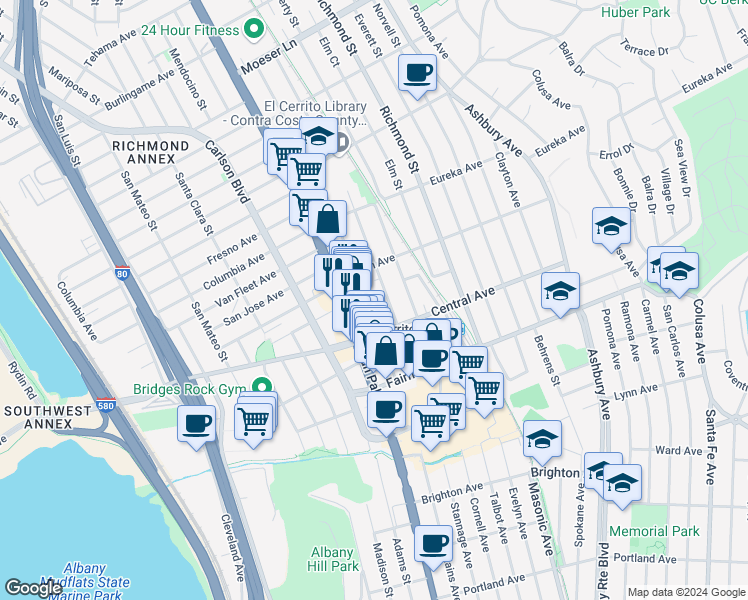 map of restaurants, bars, coffee shops, grocery stores, and more near 524 Kearney Street in El Cerrito
