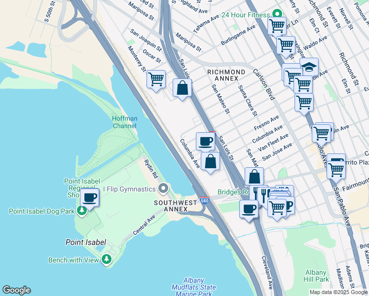 map of restaurants, bars, coffee shops, grocery stores, and more near 2415 Columbia Avenue in Richmond