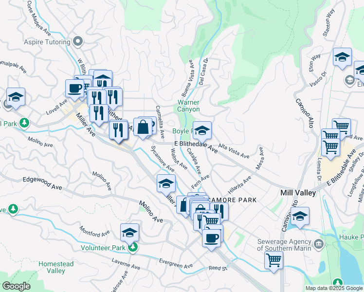 map of restaurants, bars, coffee shops, grocery stores, and more near 300 East Blithedale Avenue in Mill Valley