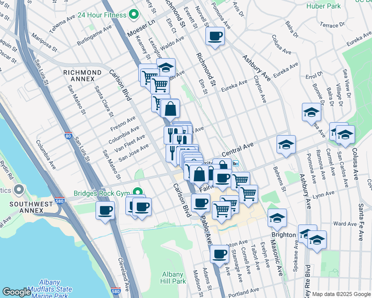 map of restaurants, bars, coffee shops, grocery stores, and more near 535 Kearney Street in El Cerrito