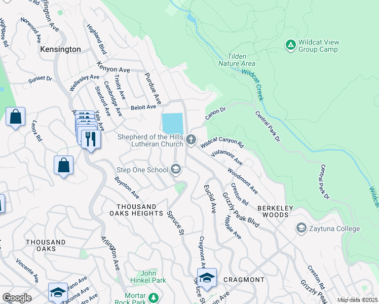map of restaurants, bars, coffee shops, grocery stores, and more near 461 Grizzly Peak Boulevard in Berkeley