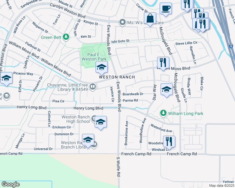 map of restaurants, bars, coffee shops, grocery stores, and more near 4251 Ews Woods Boulevard in Stockton