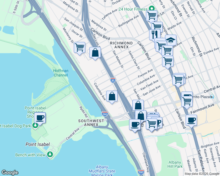map of restaurants, bars, coffee shops, grocery stores, and more near 5210 Sacramento Avenue in Richmond