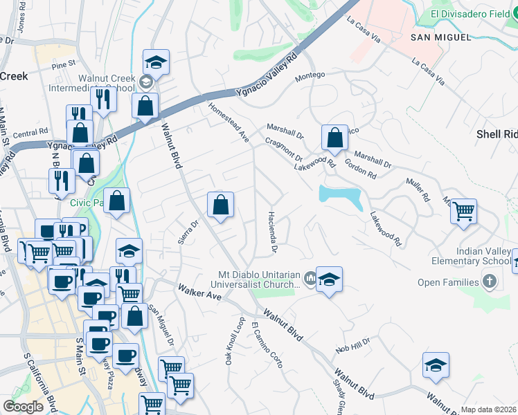 map of restaurants, bars, coffee shops, grocery stores, and more near 1080 Homestead Avenue in Walnut Creek