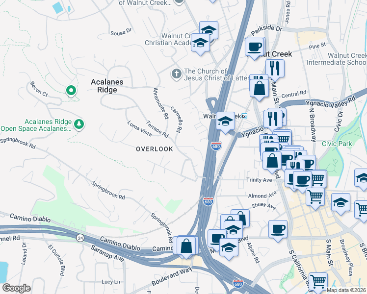 map of restaurants, bars, coffee shops, grocery stores, and more near Vista Hermosa in Walnut Creek