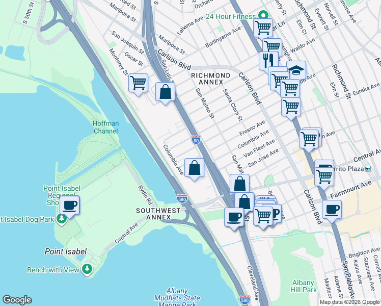 map of restaurants, bars, coffee shops, grocery stores, and more near 5234 Sacramento Avenue in Richmond