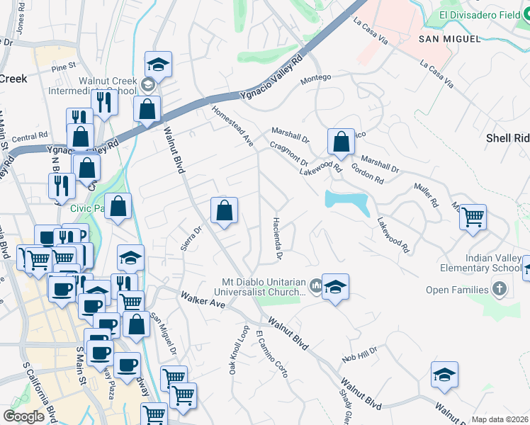 map of restaurants, bars, coffee shops, grocery stores, and more near 1080 Homestead Avenue in Walnut Creek