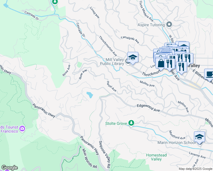 map of restaurants, bars, coffee shops, grocery stores, and more near 131 Hazel Avenue in Mill Valley
