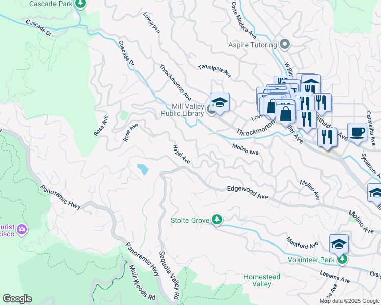 map of restaurants, bars, coffee shops, grocery stores, and more near 284 1/2 Marion Avenue in Mill Valley