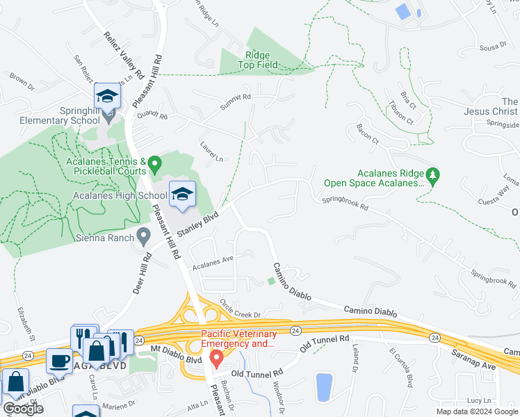 map of restaurants, bars, coffee shops, grocery stores, and more near 3174 Sunridge Court in Lafayette