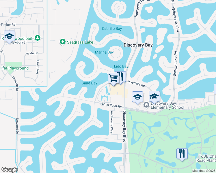 map of restaurants, bars, coffee shops, grocery stores, and more near 1605 Riverlake Road in Discovery Bay