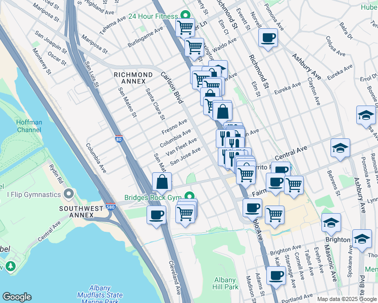 map of restaurants, bars, coffee shops, grocery stores, and more near 5821 San Jose Avenue in Richmond