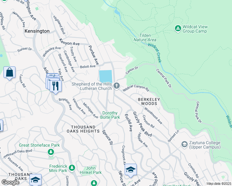map of restaurants, bars, coffee shops, grocery stores, and more near 461 Grizzly Peak Boulevard in Berkeley