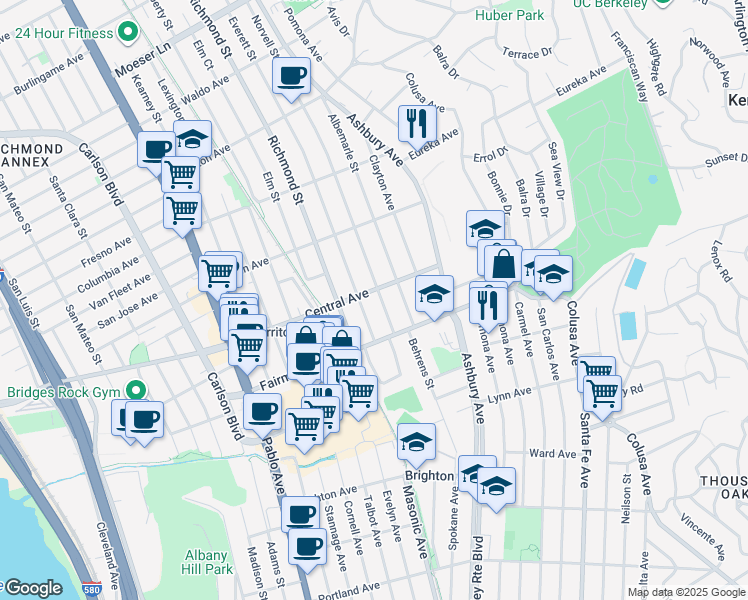 map of restaurants, bars, coffee shops, grocery stores, and more near 422 Norvell Street in El Cerrito