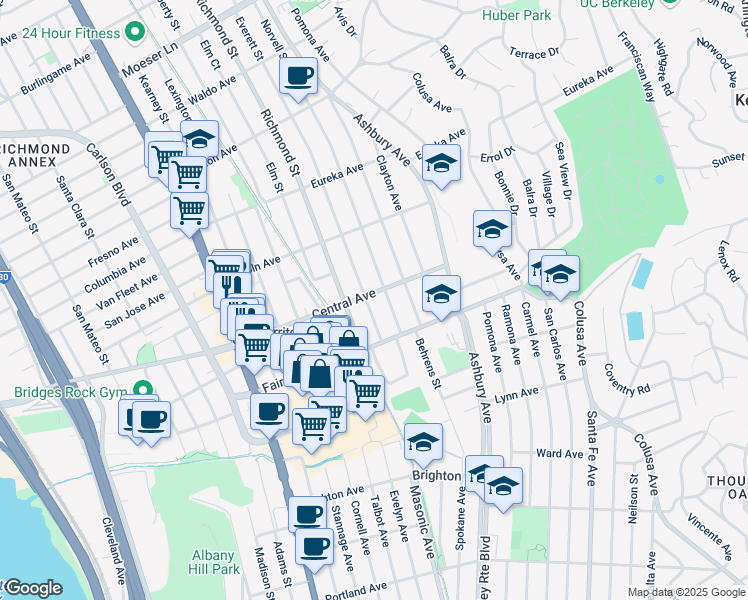 map of restaurants, bars, coffee shops, grocery stores, and more near 441 Everett Street in El Cerrito