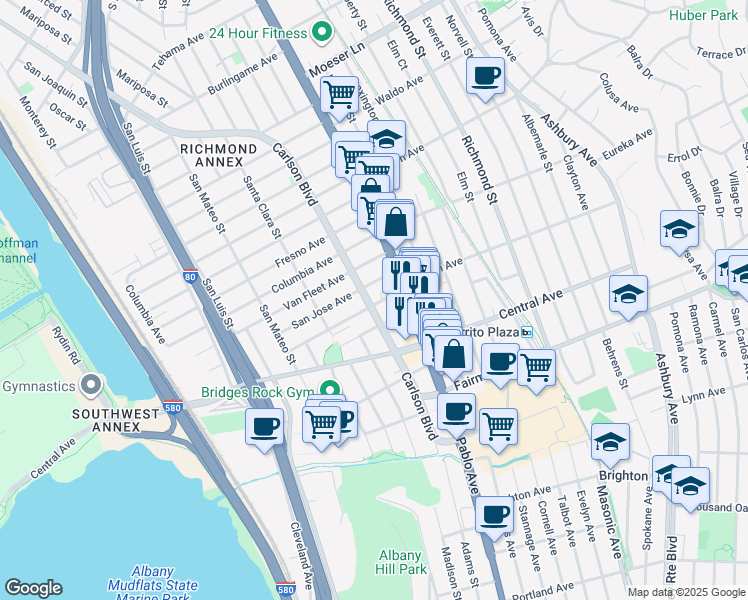 map of restaurants, bars, coffee shops, grocery stores, and more near 3000 Carlson Boulevard in El Cerrito