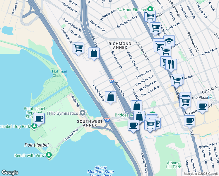map of restaurants, bars, coffee shops, grocery stores, and more near 2525 San Joaquin Street in Richmond