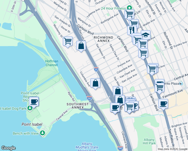 map of restaurants, bars, coffee shops, grocery stores, and more near 5210 Sacramento Avenue in Richmond