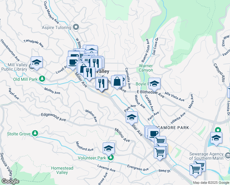 map of restaurants, bars, coffee shops, grocery stores, and more near 163 Miller Avenue in Mill Valley