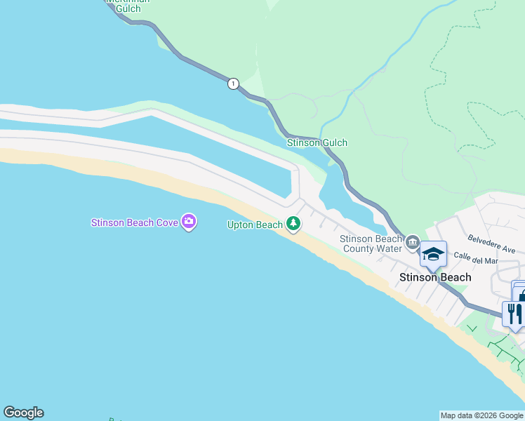 map of restaurants, bars, coffee shops, grocery stores, and more near 122 Seadrift Road in Stinson Beach