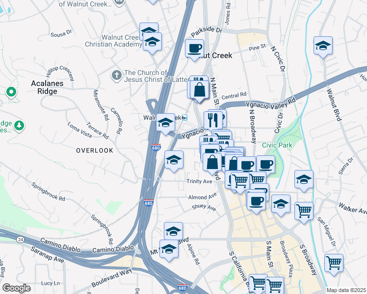 map of restaurants, bars, coffee shops, grocery stores, and more near 1800 Lacassie Avenue in Walnut Creek