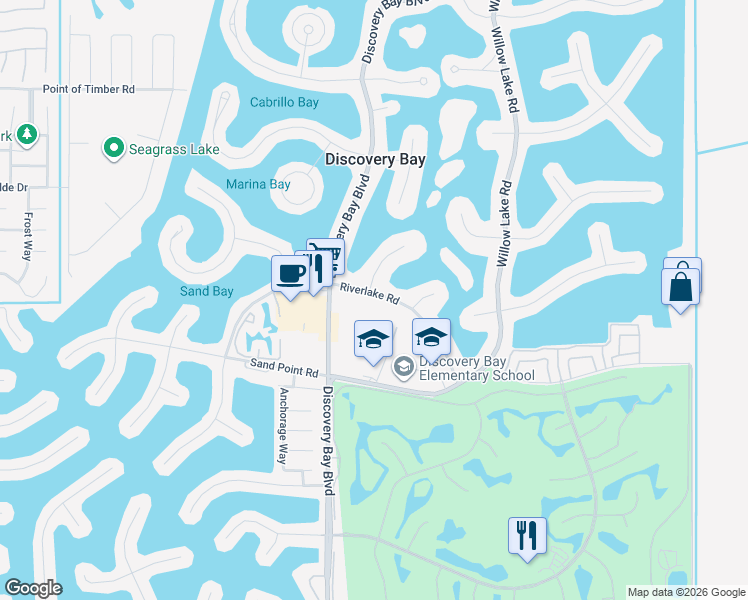map of restaurants, bars, coffee shops, grocery stores, and more near 5280 Riverlake Road in Discovery Bay