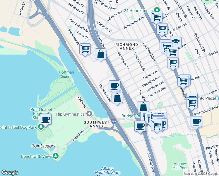 map of restaurants, bars, coffee shops, grocery stores, and more near 5210 Sacramento Avenue in Richmond