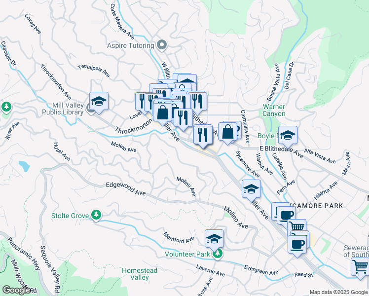 map of restaurants, bars, coffee shops, grocery stores, and more near 114 Miller Avenue in Mill Valley