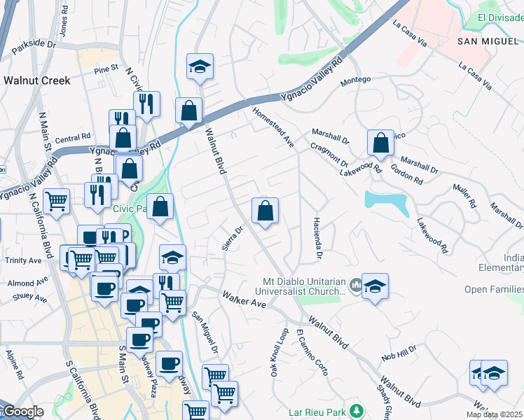 map of restaurants, bars, coffee shops, grocery stores, and more near 46 Sierra Lane in Walnut Creek